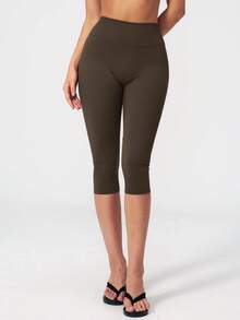 NcmRyu Women's 1pc Solid Color High Waist Tummy Control Butt Lifting Slim Fit Sports Mid-Length Shorts - Coffee Brown - View 5