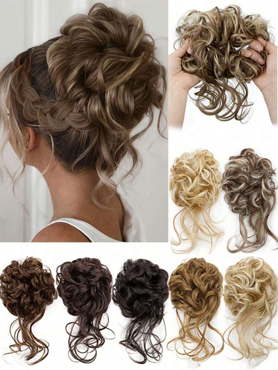 Artificial Fluffy Curly Hair Bun, Elastic Ponytail, Suitable For Women And Girls Daily Use And Party Wear, Elastic Rubber Band Hair Tie
