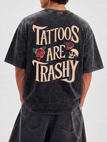 Men's Oversized Washed Graphic T-Shirt Skull Rose Print Streetwear T-Shirt Heavyweight Casual Summer Tee - Black - View 2