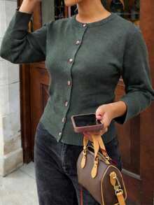 Live To Mo Women's Casual Minimalist Solid Color Basic Knit Cardigan Long Sleeve Sweater, Suitable For Autumn Back To School, Business And Daily Wear - Army Green - View 5