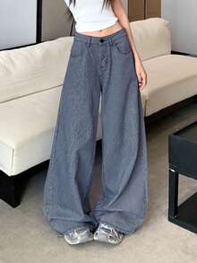 Women's American Retro Striped Fabric Loose Straight Wide Leg Denim Jeans, Blue Long - Blue - View 5
