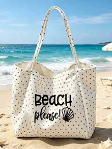 Vintage Polka Dot White Large Capacity Shoulder Bag Set - Black Letter "Beach" Print And Magenta Glitter Letter Style, Shopping And Travel Tote Bag With White Small Bag, Foldable Shoulder Handbag, Commuter Tote Bag, Tablet Bag, Storage Bag, Summer Essential Travel Bag, Suitable For Beach Trips, Pool Days, Shopping And Daily Use. Back To School, Teacher's Day Gift - Multicolor - View 18