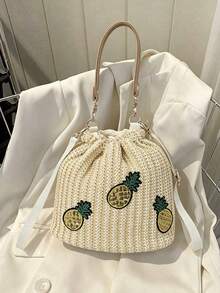 Dedoo 女款水桶斜挎包，菠蘿刺繡草編抽繩手提包，雙肩帶波希米亞風沙灘包，適合夏季度假女性 - 棕色 - 查看 4