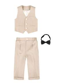 Young Boy Solid Color Single-Breasted Vest And Pants Bow Tie Suit Set - Khaki - View 2