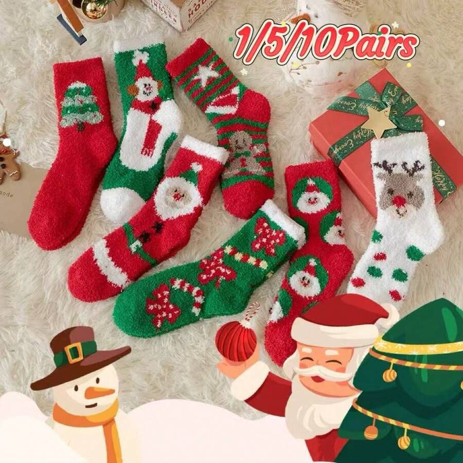 5 Pairs Plush & Fun Christmas Socks, Warm & Elastic For Winter, Novelty Colorful Tube Socks, Unisex - Multicolor - View 1