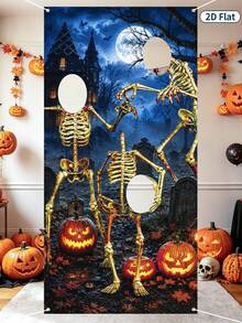 1 pieza Fondo de fotografía con tema de Halloween, patrón de calavera y calabaza, marco de decoración de cabina de fotos para fiesta de Halloween, decoración de Feliz Halloween, decoración de Halloween, decoración del hogar, fiesta de dulces de Halloween, decoración de fondo para fiesta de vacaciones - multicolor - Ver 9