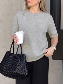 Knit Mix 優雅女款春秋時尚休閒通勤風素色羅紋針織短袖圓領套頭T恤上衣 - 淺灰 - 查看 5