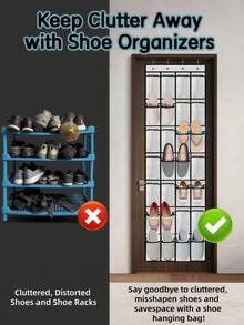 LMMAKE Hanging Shoe Rack With 28 Pockets & 4 Metal Hooks, Hangs Behind Door/Closet For Shoes & Sundries, Ideal For Small Apartments & Rentals. - 黑色 - 查看 8