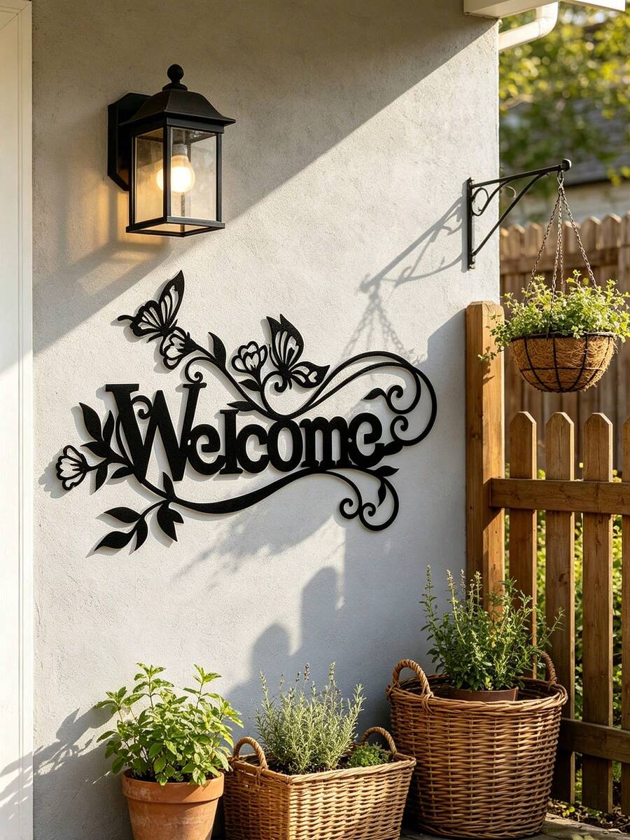 Decoración de pared para la entrada exterior - Letrero de bienvenida de metal con corte láser colgante de pared