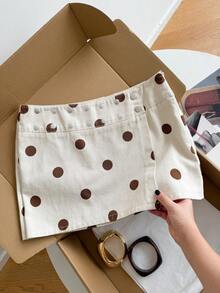 100% Cotton Women Y2K Low Rise Wrap Brown Polka Dot Print Silver Metal Rivet Detail Side Split Mini Skirt Shorts Vintage Summer Daily - Apricot - View 7