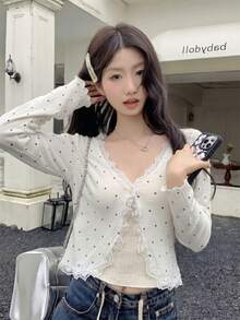 秋冬新款韓式甜美休閒女款針織開襟外套，溫柔風百搭外衣，白色波點秋季款 - 白色 - 查看 3