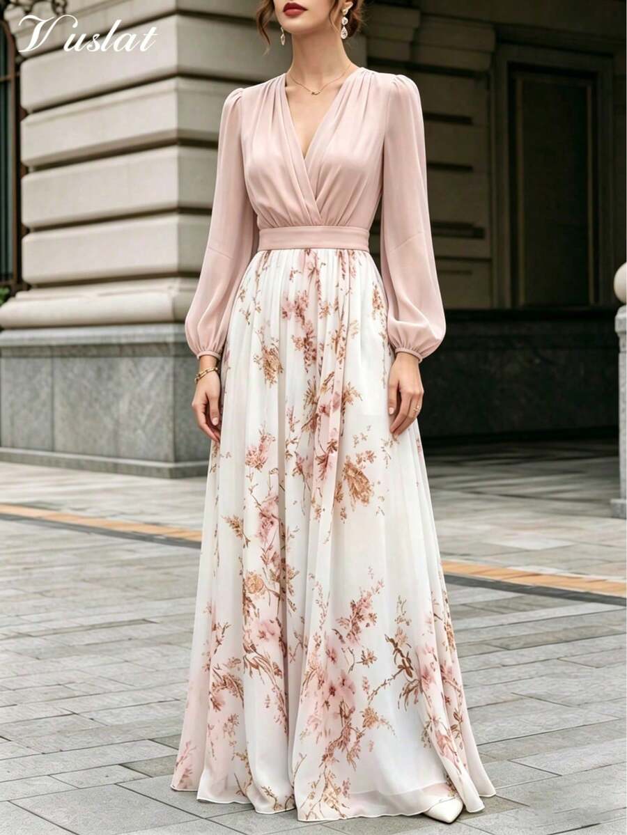 Vuslat 女款秋季長版休閒法式風淺藍色深V領印花洋裝，仙氣收腰設計，修身顯瘦，適合度假、約會、宴會、生日派對、假日、通勤上班、派對聚會、鄉村音樂會