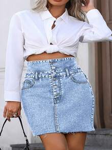 HAPPY GIRL#Plus Size Women's Spring/Summer Fashion Vacation Daily Travel Elastic High Waist Button-Front Denim Skirt - Blue - View 6