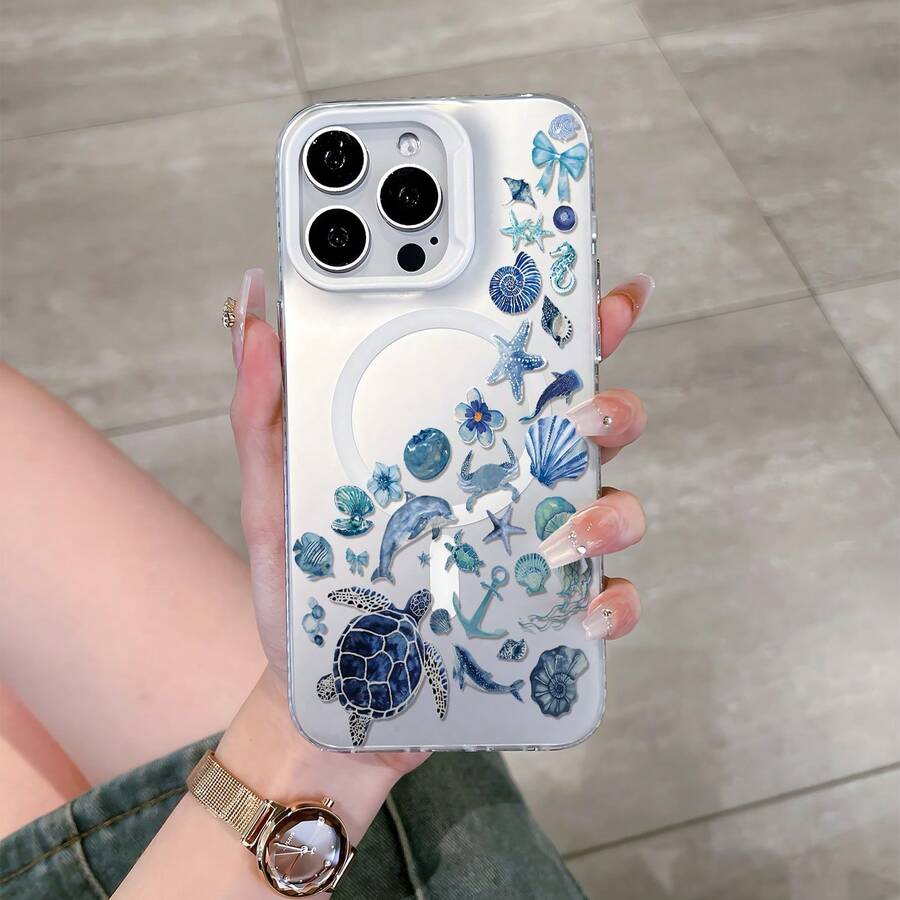 HANCAI 1 buah Casing Ponsel Magnetik Biru Laut Motif Kura-kura, Bintang Laut, dan Cat Air, Perlindungan Penuh, Tahan Guncangan, Pelindung MagSafe Musim Panas Pantai yang Menyegarkan dan Menyejukkan untuk Pria dan Wanita, Pasangan, Kompatibel dengan iPhone 17/17Pro/17ProMax/16/11/16Plus/16ProMax/16e/15ProMax/13/14/12/14ProMax/12ProMax/13ProMax/12Pro/13Pro/14Pro - Bingkai putih, putih doff (dengan penutup magnet) - View 1