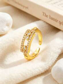 Elegant Gold Stainless Steel & Copper Ring Set, Inlaid Design, Fashionable Suitable For Various Occasions - Gold - View 3