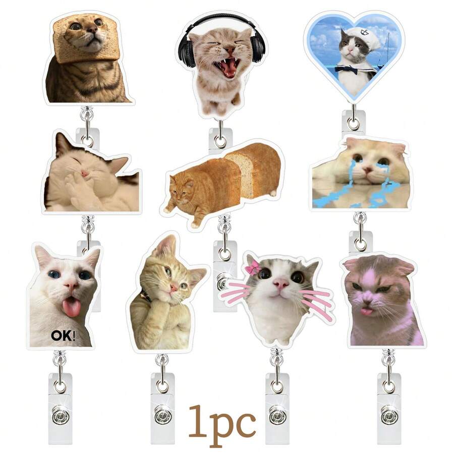 1pc Funny Abstract Acrylic Backpack Charm With Retractable Cat Keychain - Multicolor - View 1