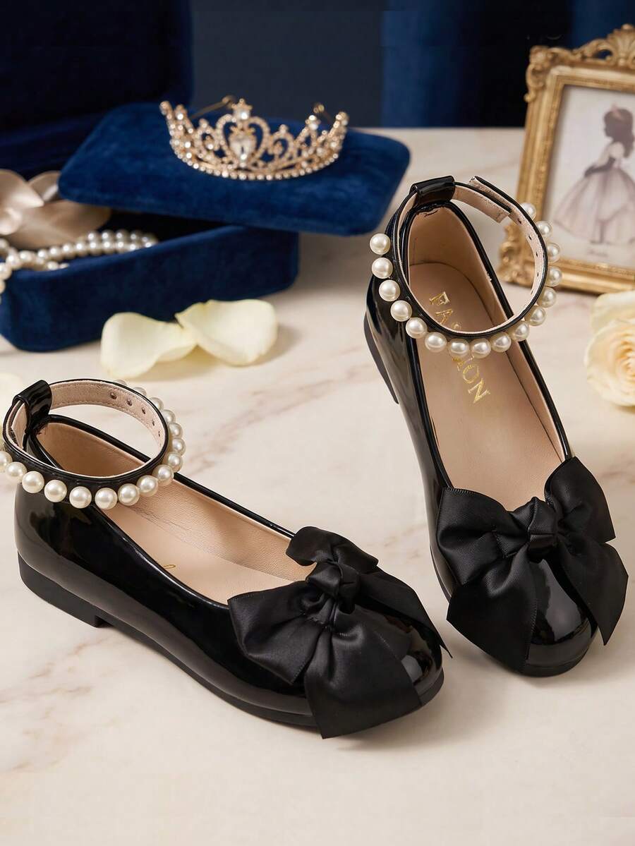 1 Pair Girls' Shiny Black Mary Jane Flat Shoes, Bow Pearl Buckle Ankle Strap Round Toe Princess Wedding Party Formal Shoes, Children's Fashion Elegant Shoes - Black - View 1