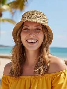 1 pieza Sombrero de cubo de mujer minimalista ligero de unicolor versátil con diseño calado para protección solar al aire libre, sombrero de moda elegante de verano de alta demanda que estiliza el rostro, cómodo y casual, adecuado para salidas, reuniones, compras, viajes, vacaciones y otras ocasiones - Multicolor - Ver 10