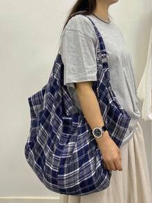 大容量格紋肩背包 女款斜挎包 休閒實用多功能托特包 適合上班、學習、旅行 - 藏蓝色 - 查看 11