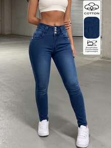 Celana Jeans Denim Wanita Model Rusak, Model Baru Warna Polos, Bahan Elastis Tinggi, Jeans Elegan - Dark Wash - View 1