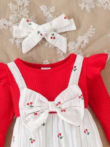 1 pieza Mono para bebé niña con lazo acanalado y estampado de margaritas, con diadema, ligero para primavera/otoño - Rojo - Ver 3