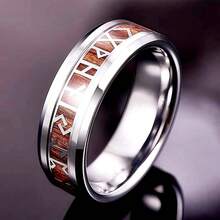 Wood Inlay Nordic Rune Wide Ring, Vintage Retro Band For Business, Outdoor Travel & Men's Anniversary Holiday Gift - Silver Viking Rune Wood Grain Ring - View 2