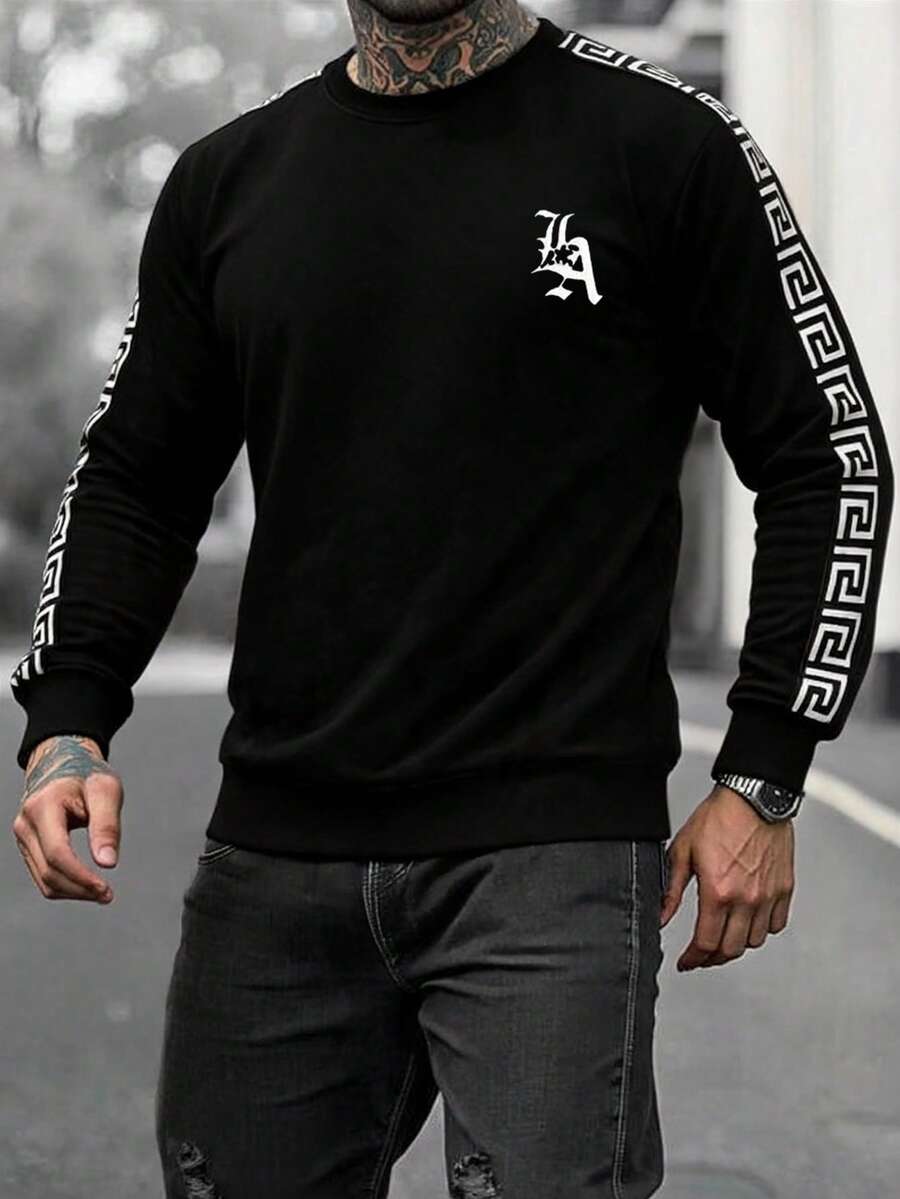 Men's Autumn Casual Fashion Outdoor Sports Pullover Sweatshirt, Simple Daily Commute Long Sleeve Sweatshirt - Black - View 1