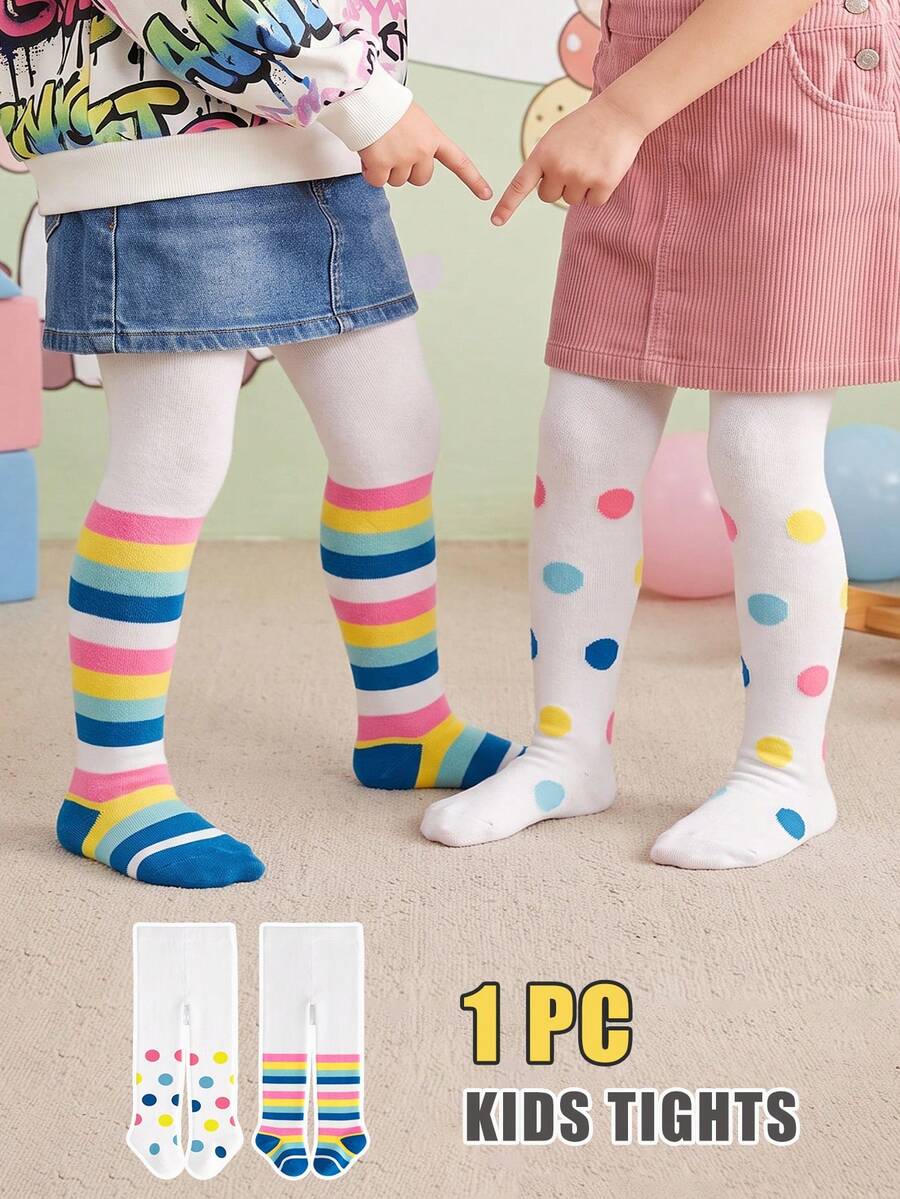 1件裝女童緊身褲，彩色條紋與波點圖案，適合兒童日常穿搭，四季皆可穿著