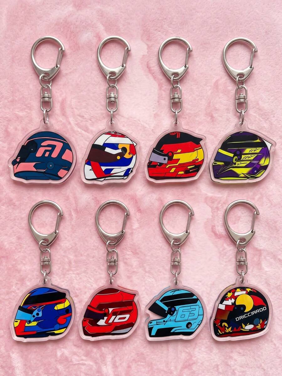 1pc/8pcs F1 Racing Helmet Pattern Keyring Packs, Racing Helmet Silhouette, Fashionable Decorative Keychain, Suitable For Back To School, Gift For Racing Fans, Daily Wear, 2026 F1 Season Popular Merchandise - Multicolor - View 1