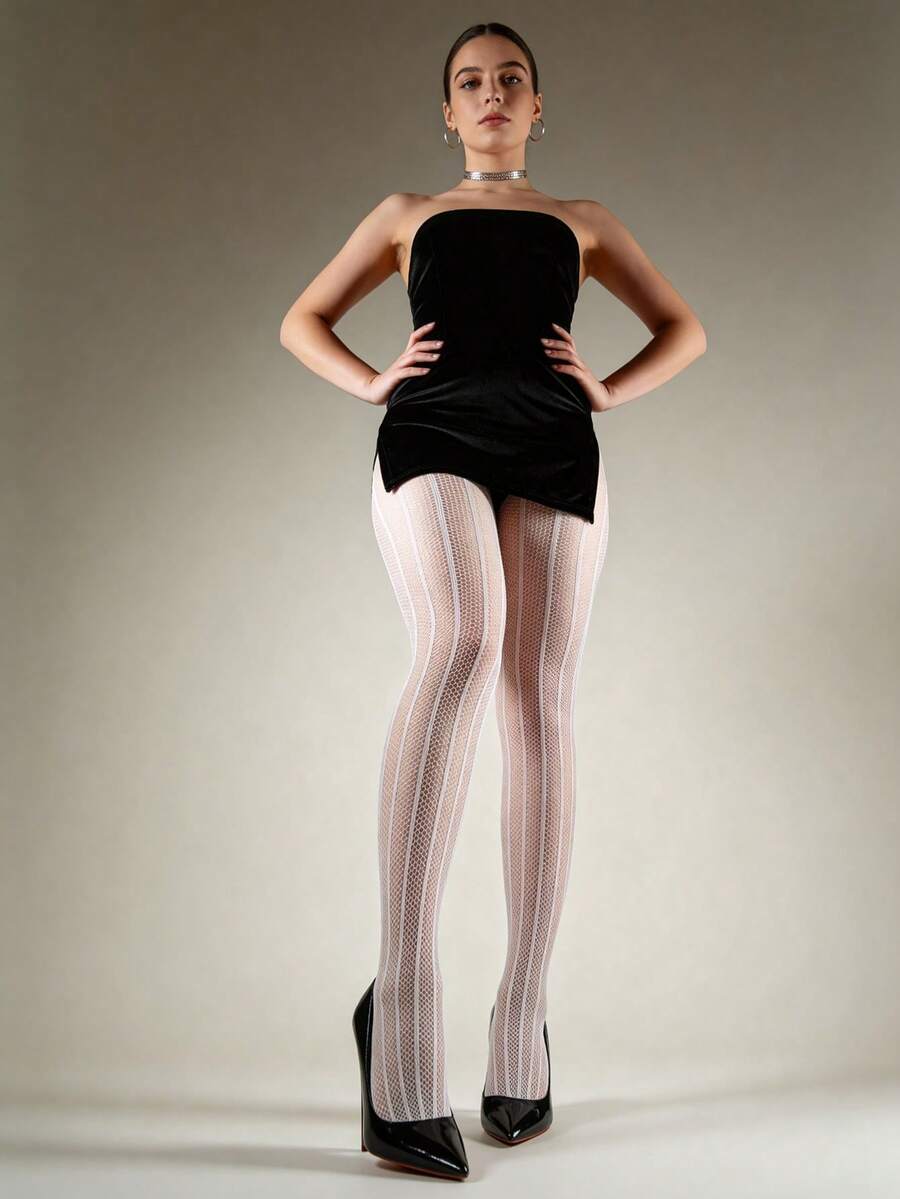 1pc Vertical Striped Elastic Fishnet Tights Sexy Watermelon Stripe Pantyhose Versatile Gothic Style Fashion Fishnet Socks - White - View 1