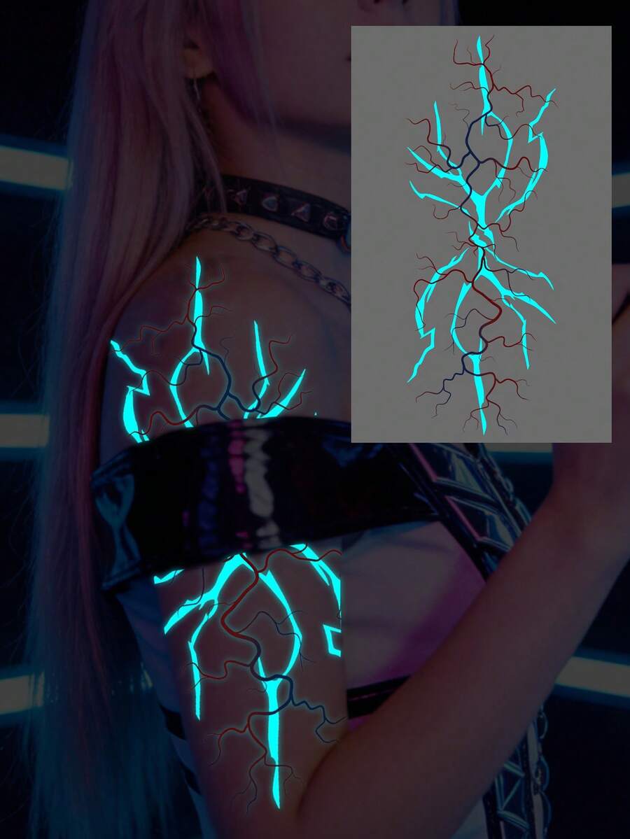 Halloween Cool & Bold Glow-In-The-Dark Lightning Vein Pattern Tattoo Sticker, Waterproof Temporary Tattoo Decal For Arm, Waist, Abdomen, Leg, 1pc/Pack - Multicolor - View 1