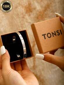 TONSI 1 件扣手镯，18K 镀金不锈钢袖口手镯，带方晶锆石心形元素，女士珠宝礼盒，生日/节日礼物 - 手鐲禮盒裝 - 查看 13