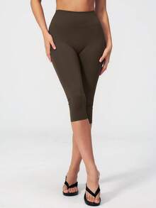 NcmRyu Women's 1pc Solid Color High Waist Tummy Control Butt Lifting Slim Fit Sports Mid-Length Shorts - Coffee Brown - View 7