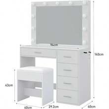 FUSOU 37" LED Makeup Vanity Desk With Mirror, Power Outlet & USB Ports, 3 Dimmable Lights, 5 Drawers, Glass Top & Stool, White - White - View 8