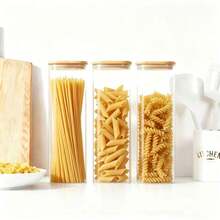3 Pack Large Capacity Clear Glass Storage Jars With Bamboo Lids, Tall Square 100*300mm Canisters For Pasta, Penne, Noodles, Kitchen Pantry Containers For Dry Food Storage - 3-pack - View 2