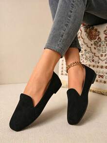 Women's Suede Loafers, Black Square-Toe Slip-On Low Heel Comfort Flats For Office, Work, Daily Wear & Dating - 黑色 - 查看 2