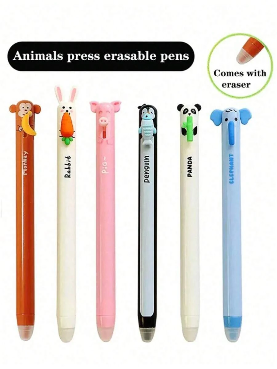 6pcs Animal-Shaped Erasable Neutral Pens, Animal Signature Pens, Snack Theme Side-Click Erasable Pens, Cute Neutral Pens, Multiple Styles Including Rabbit, Elephant, Panda, Refillable Ink, Smooth Writing, Built-In Eraser, Ideal Gift For Friends, Classmates And Family