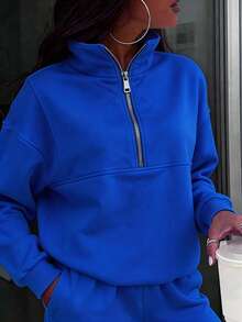 Women's Half-Zip Tracksuit, Featuring A High-Neck Loose-Fitting Sweatshirt And Wide-Leg Pants, A Stylish, Versatile,Daily Commuting And Fitness Wear - Blue - View 3