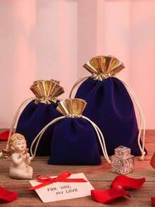 3pcs Black Red Burgundy Blue Valentine's Day Wedding Party Favor Plush Drawstring Gift Bags, Single-Sided Plush Gold Trim, Plush Packaging Bags With Straw And Earphone, Small Commercial Supplies - Multicolor - View 6