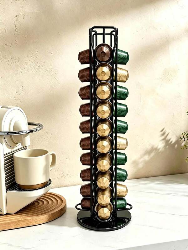 Support rotatif en fer pour capsules de café, tour de rangement verticale pour capsules de café, organisateur de rangement, support de capsules de café à 360°, accessoires de bar à café de comptoir, support de rangement de capsules de grande capacité, convient à la plupart des capsules de café, gain de place, décoration de station de café à la maison