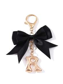 1pc Ins Korean Style Gentle Black Satin Bow Keychain, Metal 3D Letter Lobster Clasp Keyring, Minimalist Premium Backpack Charm - Multicolor - View 11