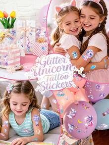 STARTTOOS 5 Sheets Glitter Unicorn 49 Patterns Temporary Tattoo Stickers, Cute Cartoon Waterproof Glitter Rainbow Color Unicorn Balloon Star Design Pattern Birthday Party Christmas Gift Event Holiday Party Set - Multicolor - View 6