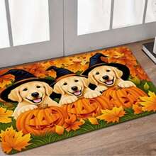 1 pieza Alfombra pequeña con diseño de cachorro de calabaza, alfombra de entrada de Halloween, decoración del hogar, alfombra de sala de estar, alfombra pequeña de sala de estar, alfombra de dormitorio, decoración del hogar de sala de estar, alfombra de exterior, alfombra lavable - Multicolor - Ver 4