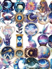 50Pcs Witchy Celestial Galaxy Stickers, Aesthetic Moon Star Zodiac Constellation Waterproof Cutouts For Junk Journal Scrapbook Card Planner Making - Multicolor - View 9