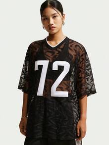 Nike Women's AS W NK CHILL WVN LACE JERSEY Short Sleeve T-Shirt Knit Collarless Short TIM8388-010 - Black - View 1