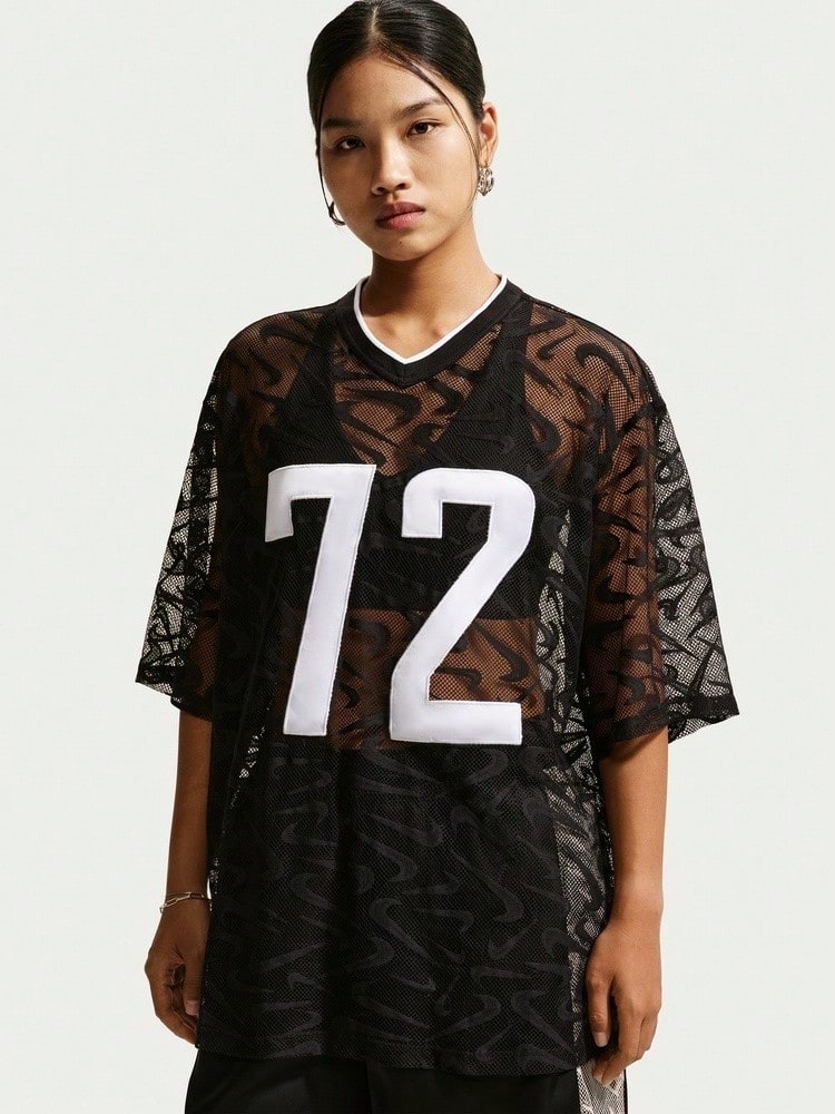 Nike Women's AS W NK CHILL WVN LACE JERSEY Short Sleeve T-Shirt Knit Collarless Short TIM8388-010 - Black - View 1