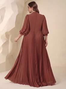 Square Neck Pleated Lantern Sleeve Dress With Ruffle Hem, Elegant Chiffon Bridesmaid Gown - Redwood - View 2