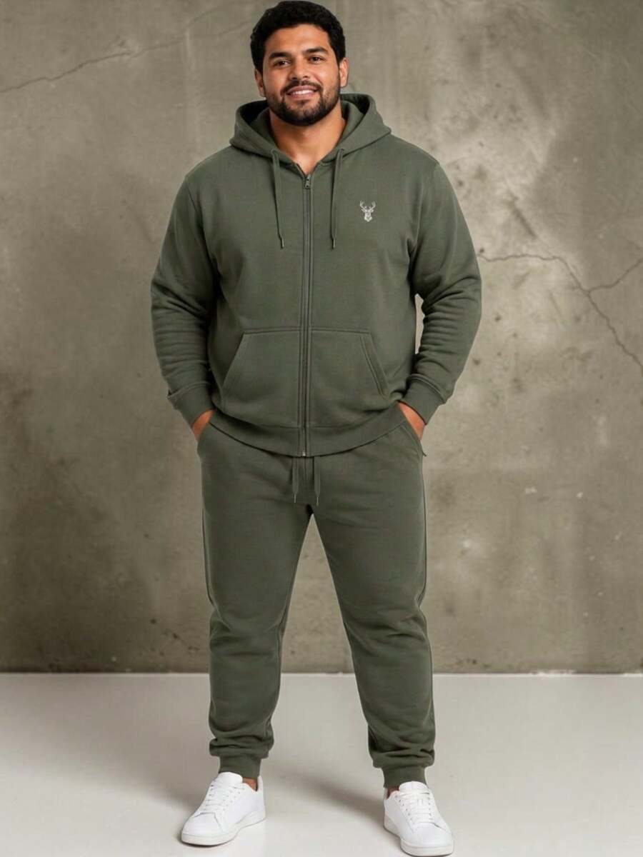 Men Plus Size Hoodies Sets - Army Green - View 1