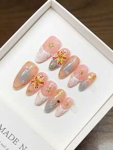Handmade Wearable Press-On Nails, Almond Shape, Hand-Painted Personalized Hand-Carved High-Quality 3D Western-Style Nail Art, YK Style Nails, Unique Niche Creative Press-On Nails, Spring And Summer Daily Nail Art, Detachable And Reusable. - Multicolor - View 4