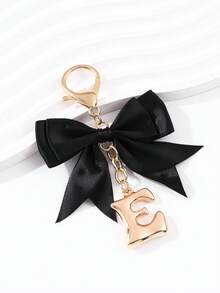 1pc Ins Korean Style Gentle Black Satin Bow Keychain, Metal 3D Letter Lobster Clasp Keyring, Minimalist Premium Backpack Charm - Multicolor - View 8